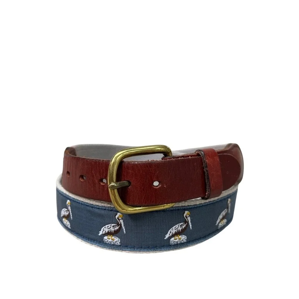 Mens Pelican Embroidered Surcingle Belt Navy Burgundy Leather Brass Buckle 36